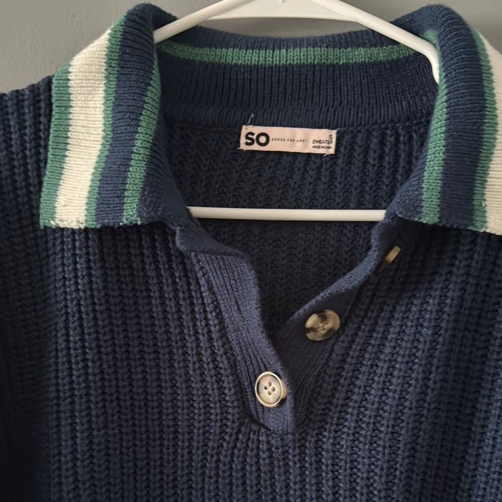 SO Blue V-Neck Sweater with‎ Collegiate Style - Picture 2 of 5